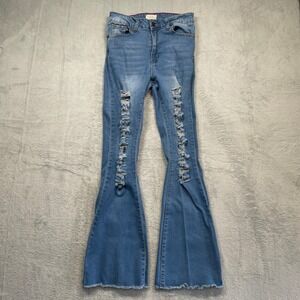 Vince Blue Flare Jeans Women Size 9 Blue Distressed High Rise Raw Hem VB-806MD